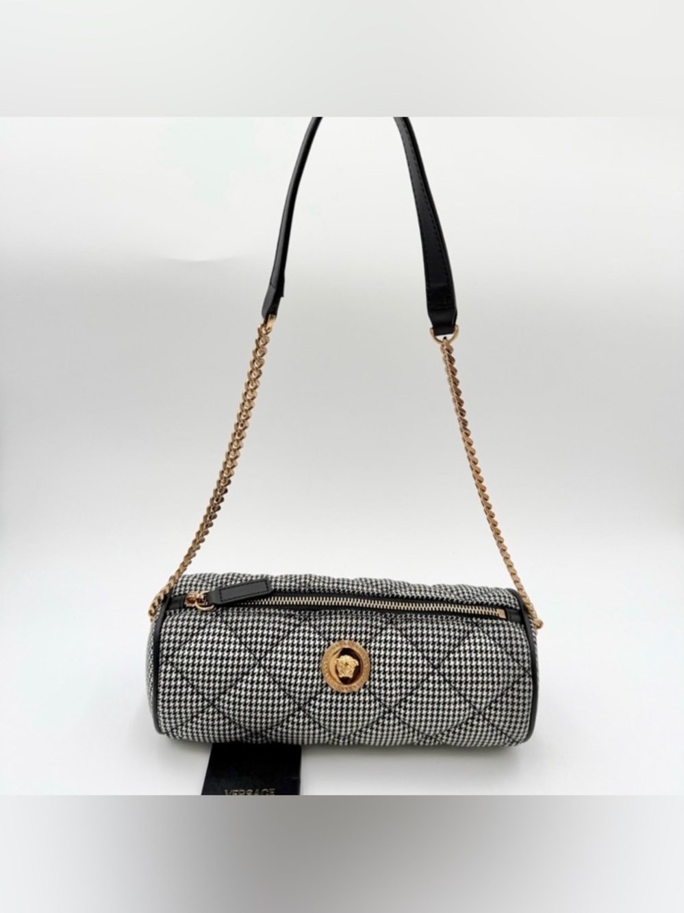 Versace Medusa Quilted Black and White Houndstooth Barrel Bag NWT